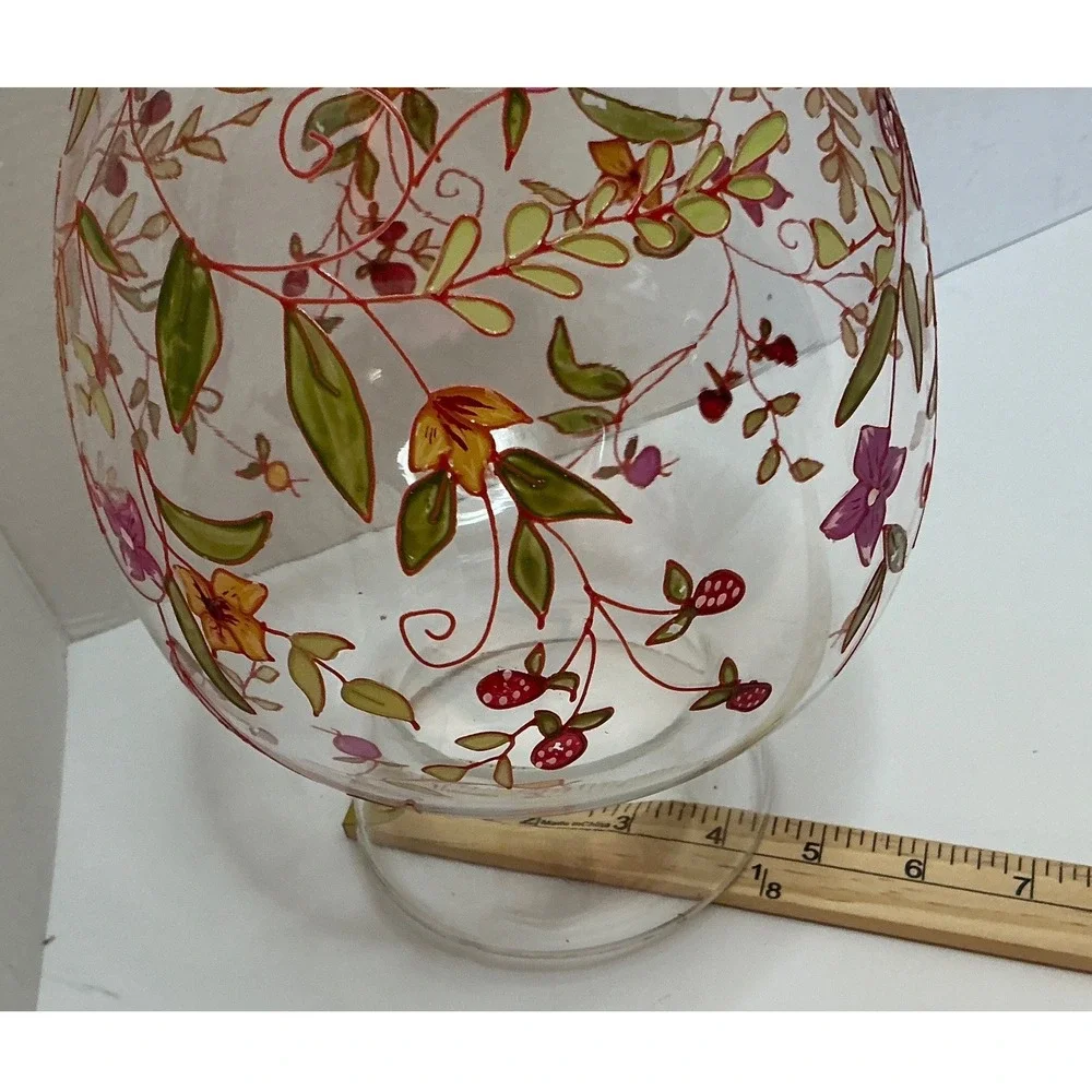 Hand Painted Glass Vase Floral Berry Vine Clear 9.5 Inch Cottagecore